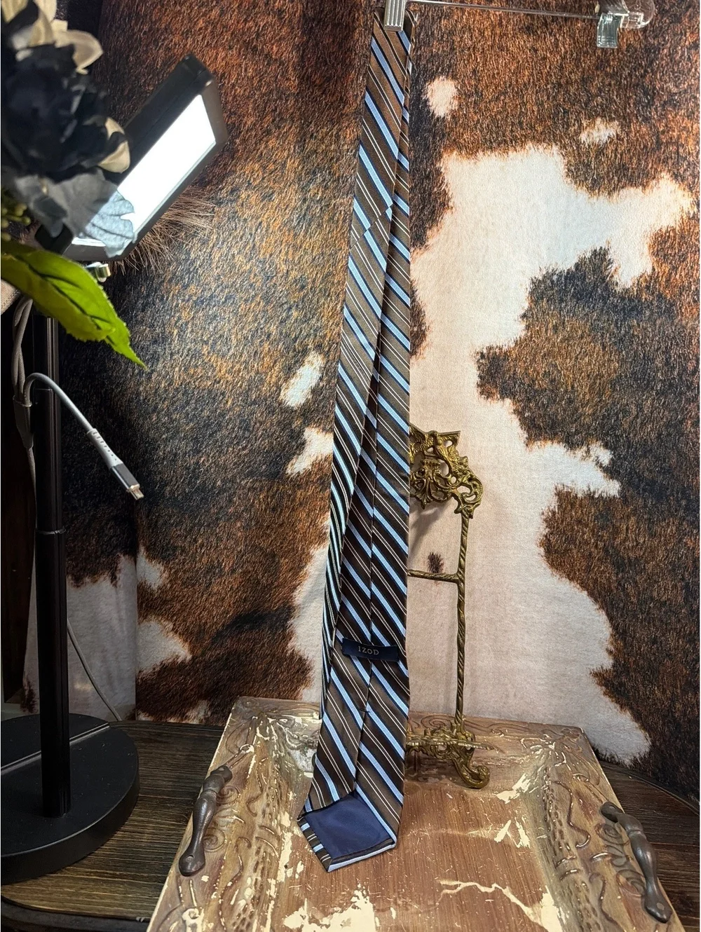 IZOD Men's Brown and Blue Striped Silk Tie